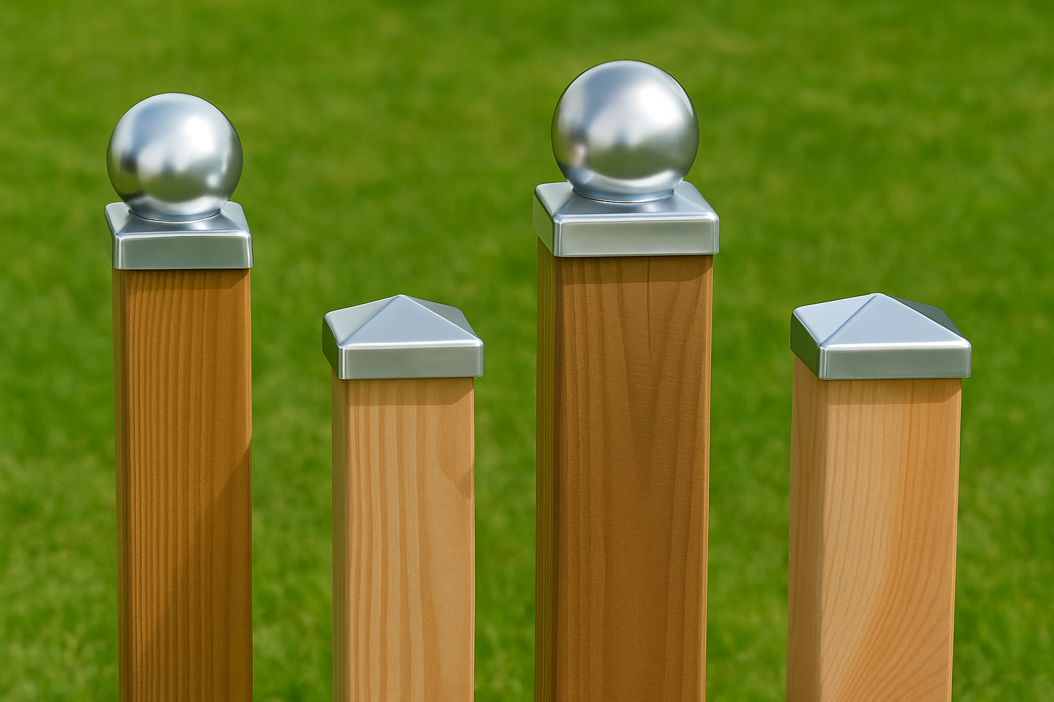 Various types of fence post caps displayed together, including square, round, and pyramid designs.