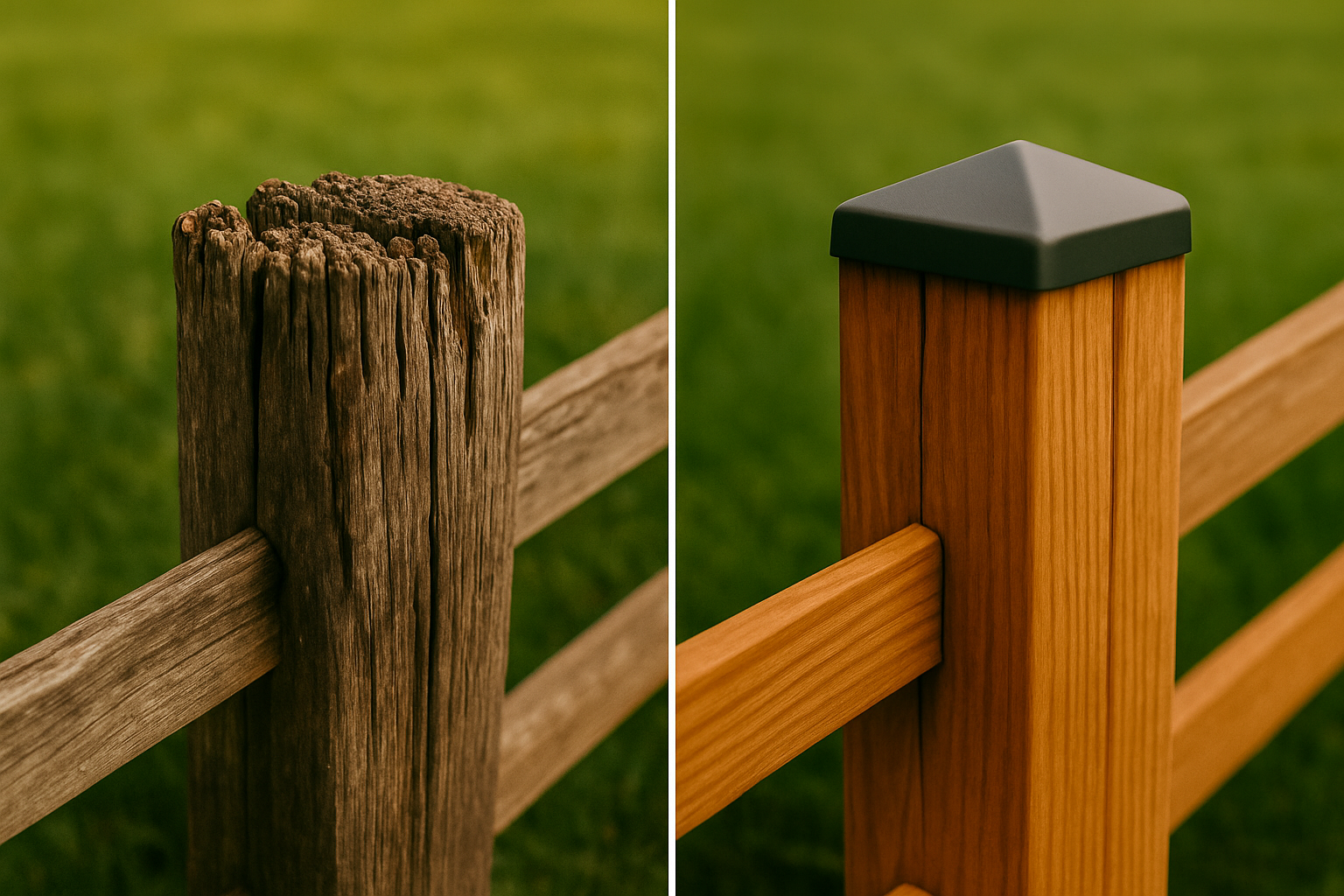 Side-by-side comparison of a weathered fence post without a cap and a well-maintained post with a protective cap.