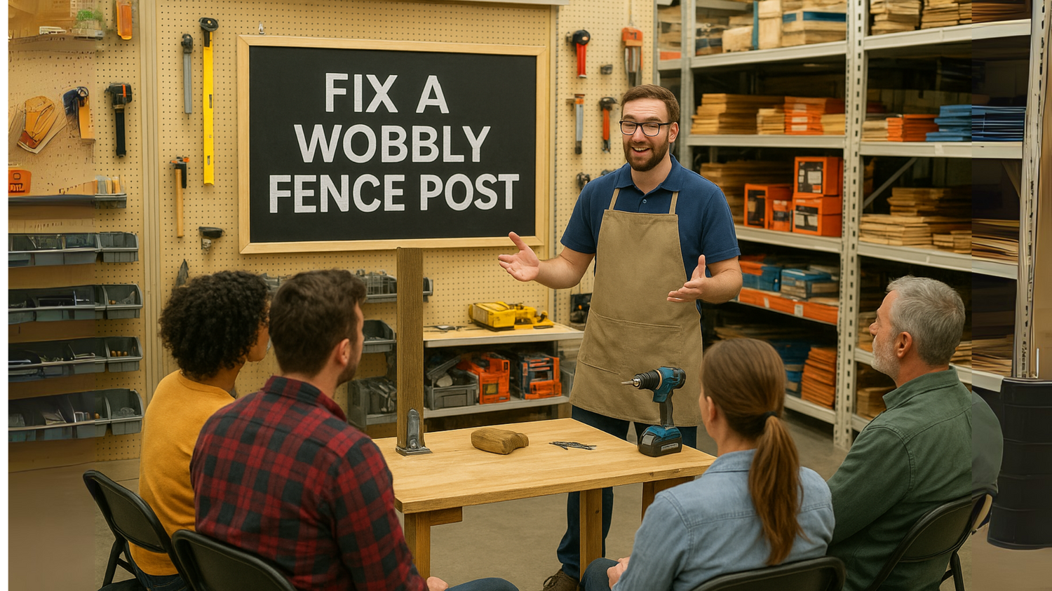 Instructor leading a DIY workshop in a hardware store, teaching customers how to fix a fence post while participants watch and learn.